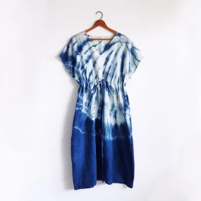 Boho Indigo Kaftan, Hand dyed cotton dress, made to order