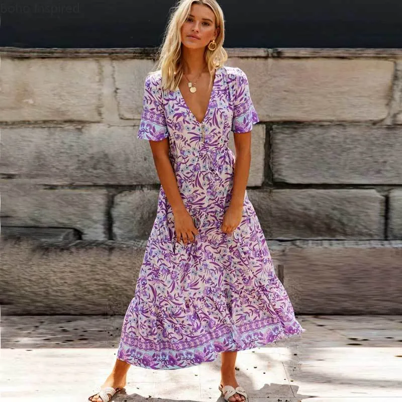 Boho Inspired Purple Floral Maxi Dress