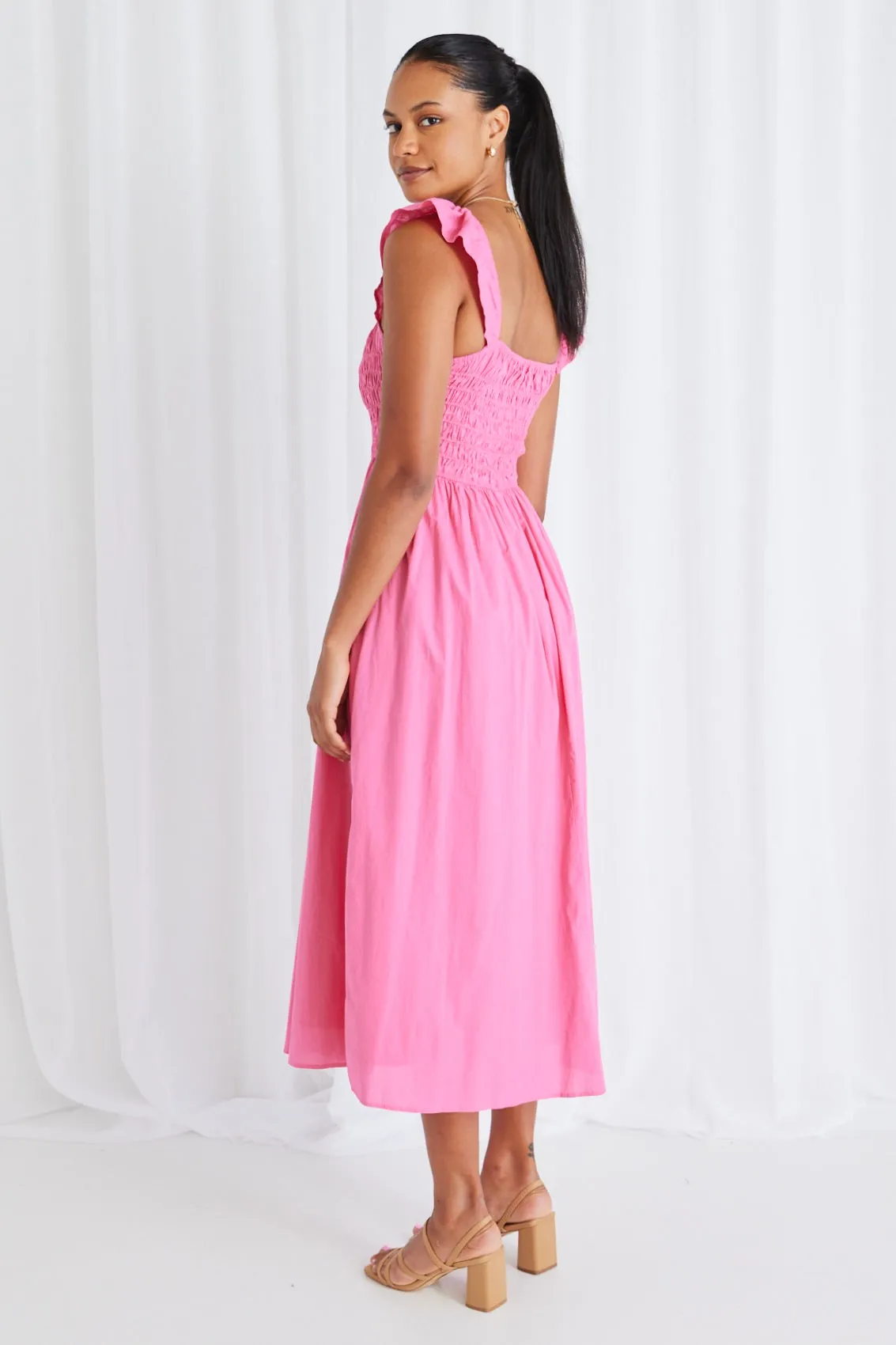 Bonbon Pink Flutter Sleeve Midi Dress