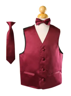 Boys Burgundy Satin Vest with Neck Tie and Bow Tie