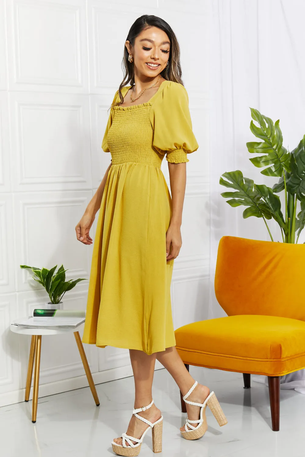 Bright Yellow Square Neck Midi Dress By ODDI