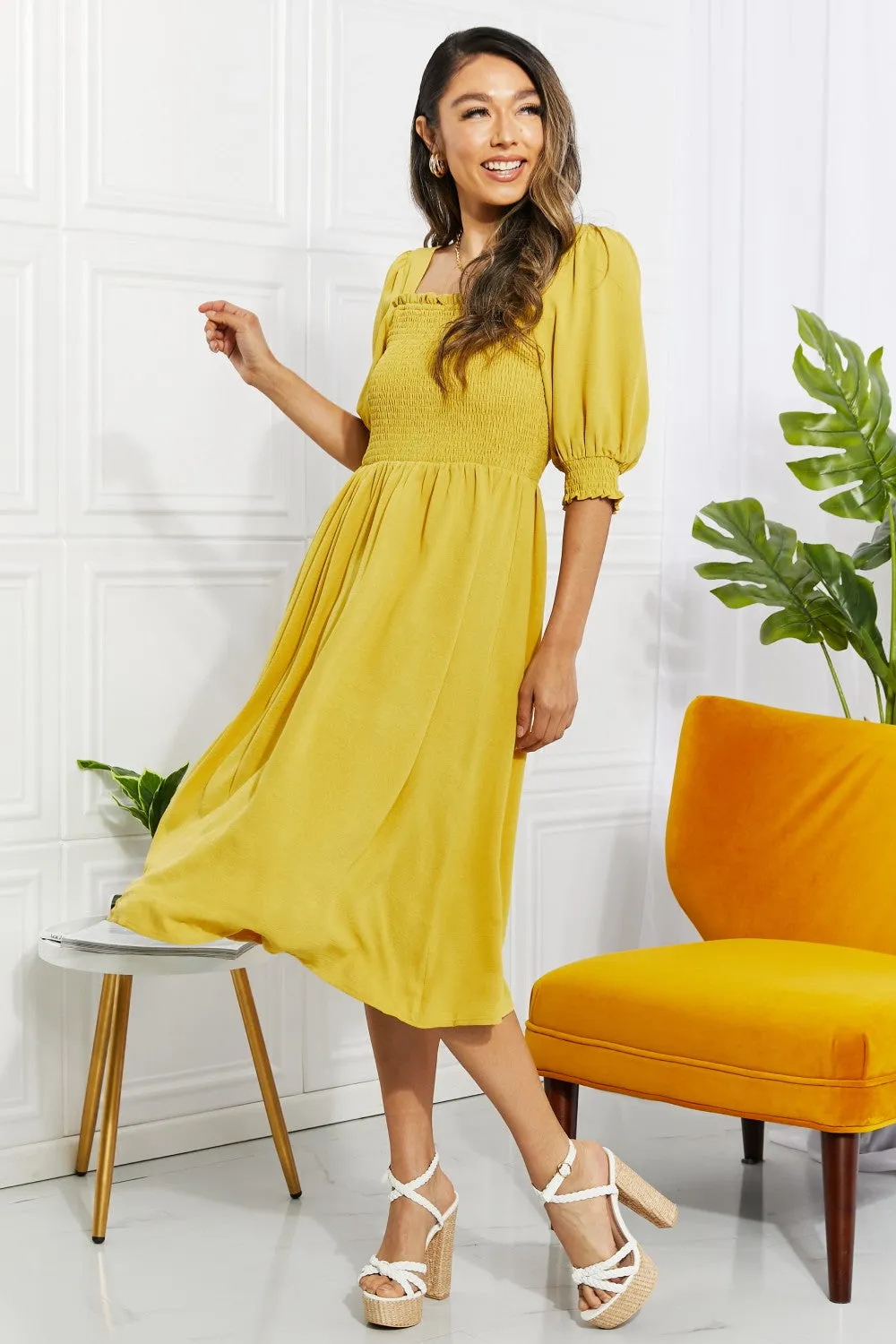 Bright Yellow Square Neck Midi Dress By ODDI