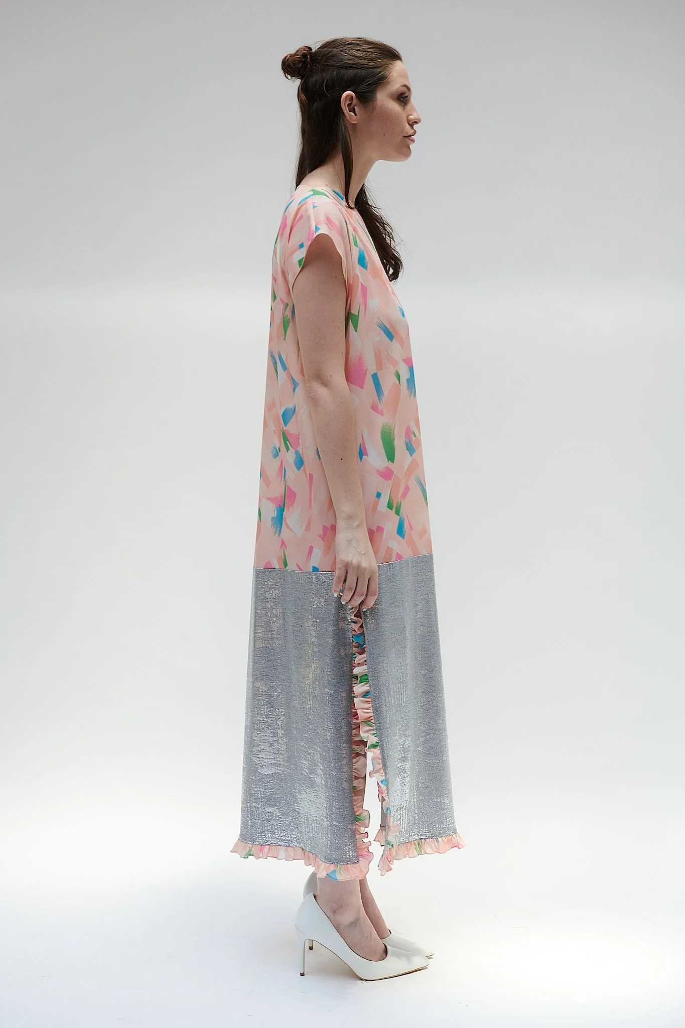 Caftan in Abstract Peach and Silver Jersey