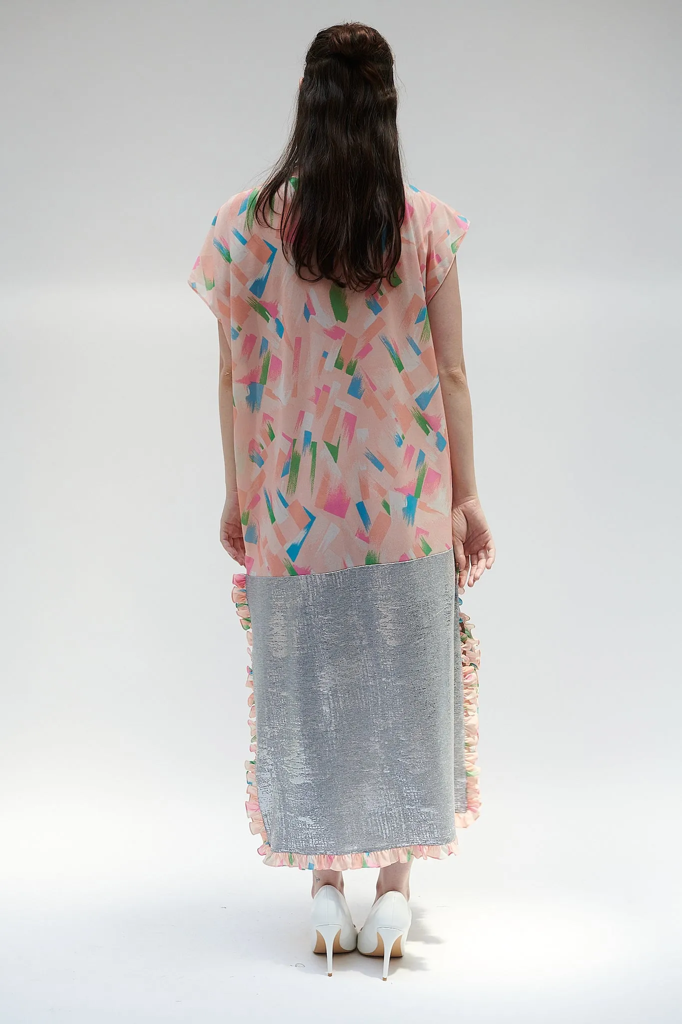 Caftan in Abstract Peach and Silver Jersey