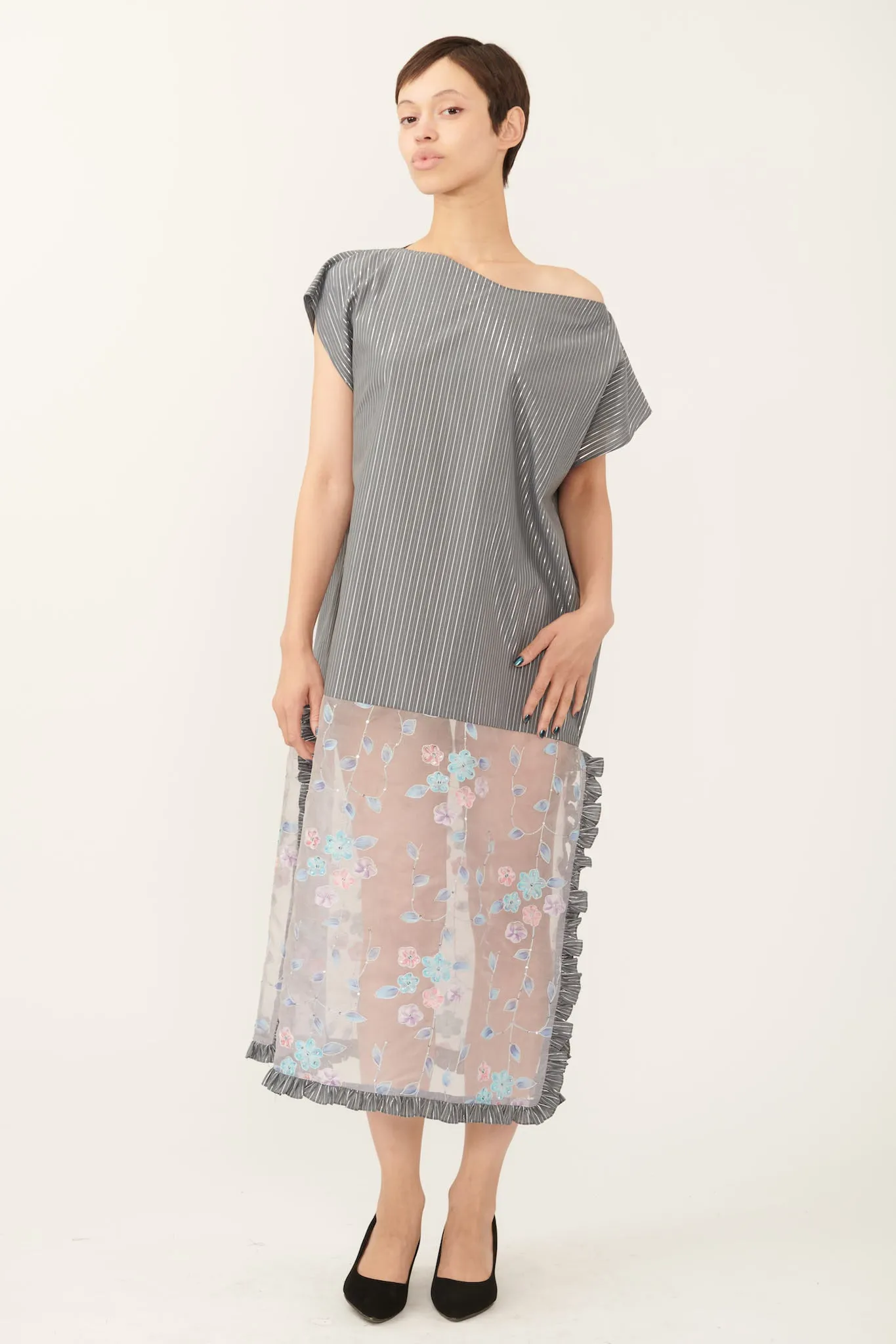 Caftan in Grey Silver Lurex Stripe Cotton and Floral Organza