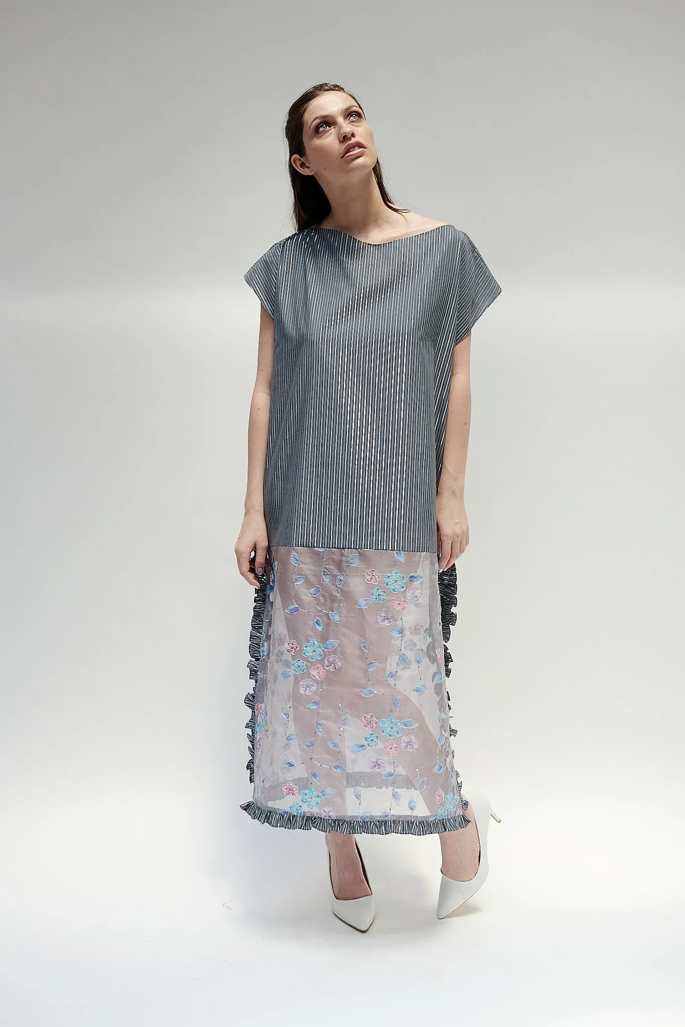 Caftan in Grey Silver Lurex Stripe Cotton and Floral Organza