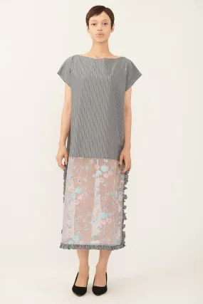 Caftan in Grey Silver Lurex Stripe Cotton and Floral Organza