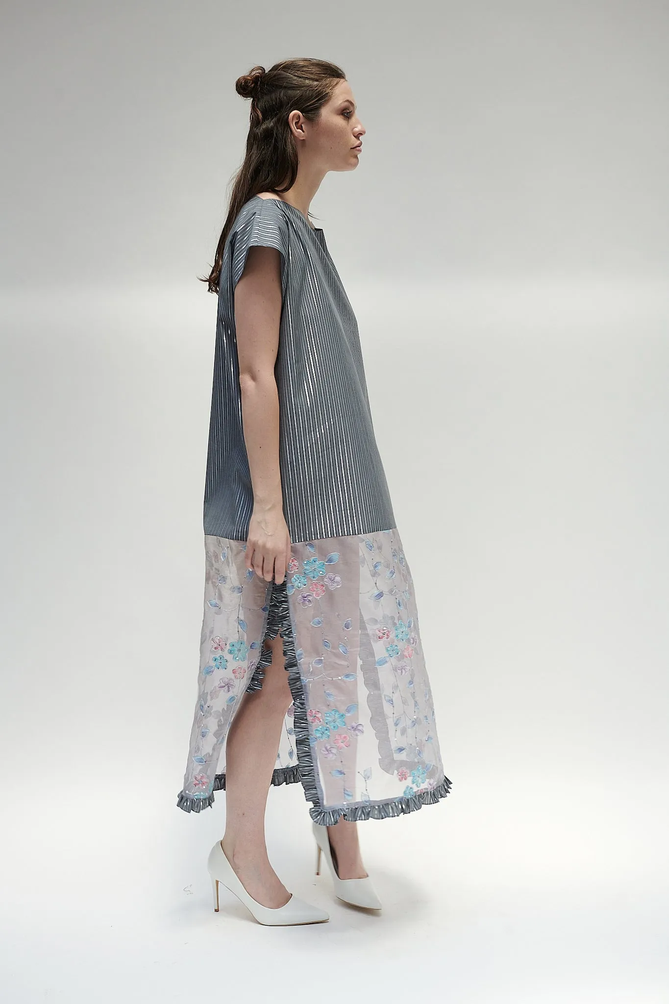 Caftan in Grey Silver Lurex Stripe Cotton and Floral Organza