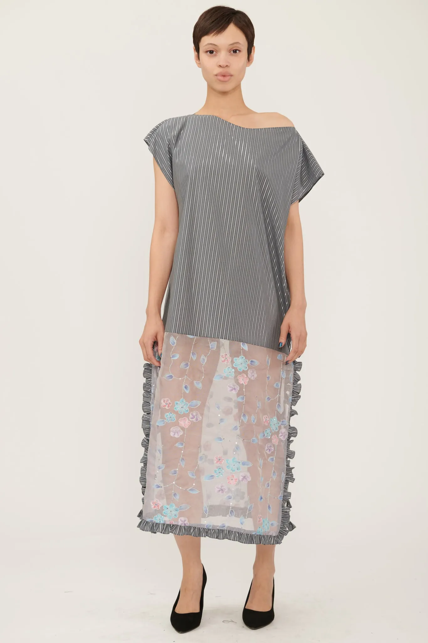 Caftan in Grey Silver Lurex Stripe Cotton and Floral Organza