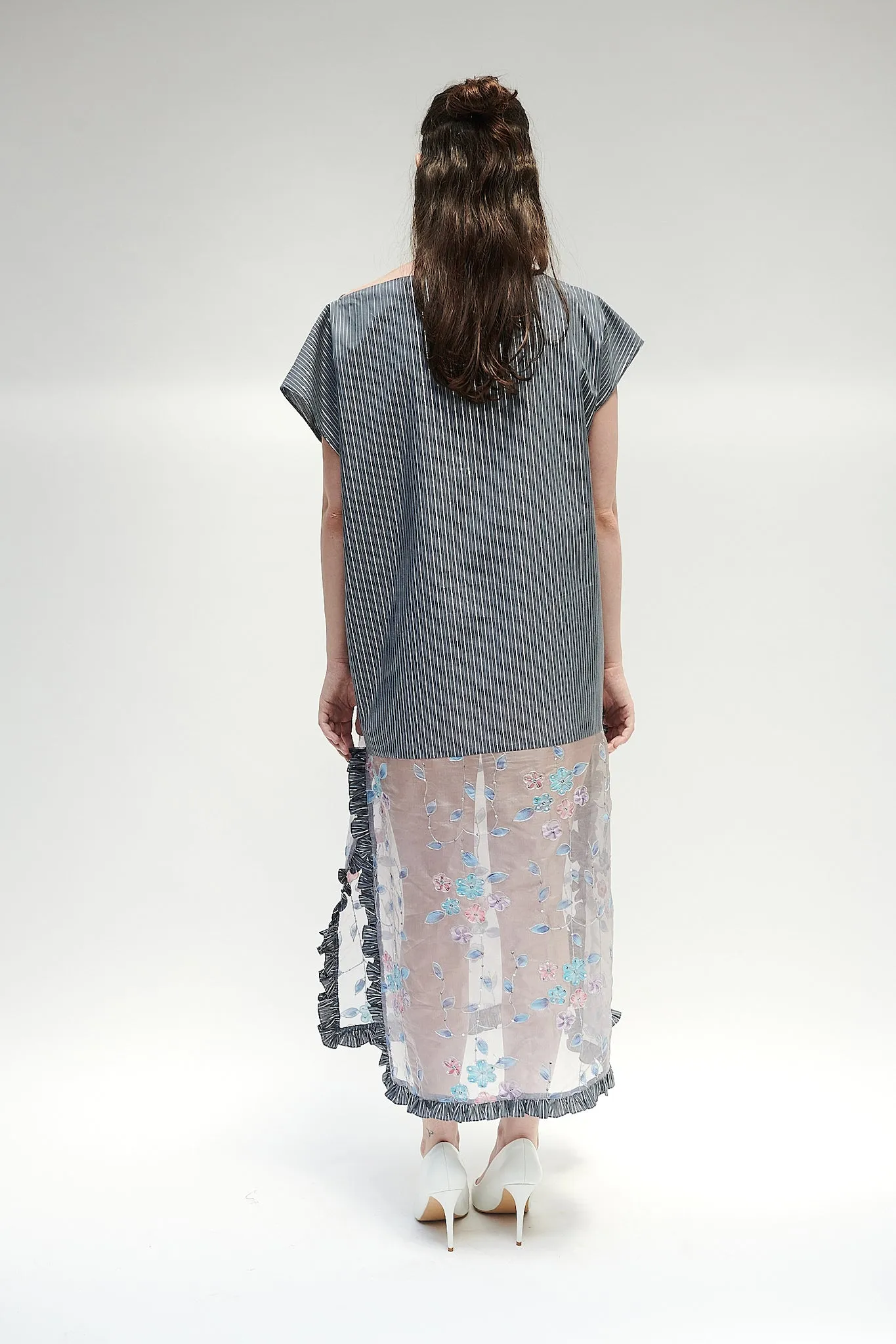 Caftan in Grey Silver Lurex Stripe Cotton and Floral Organza