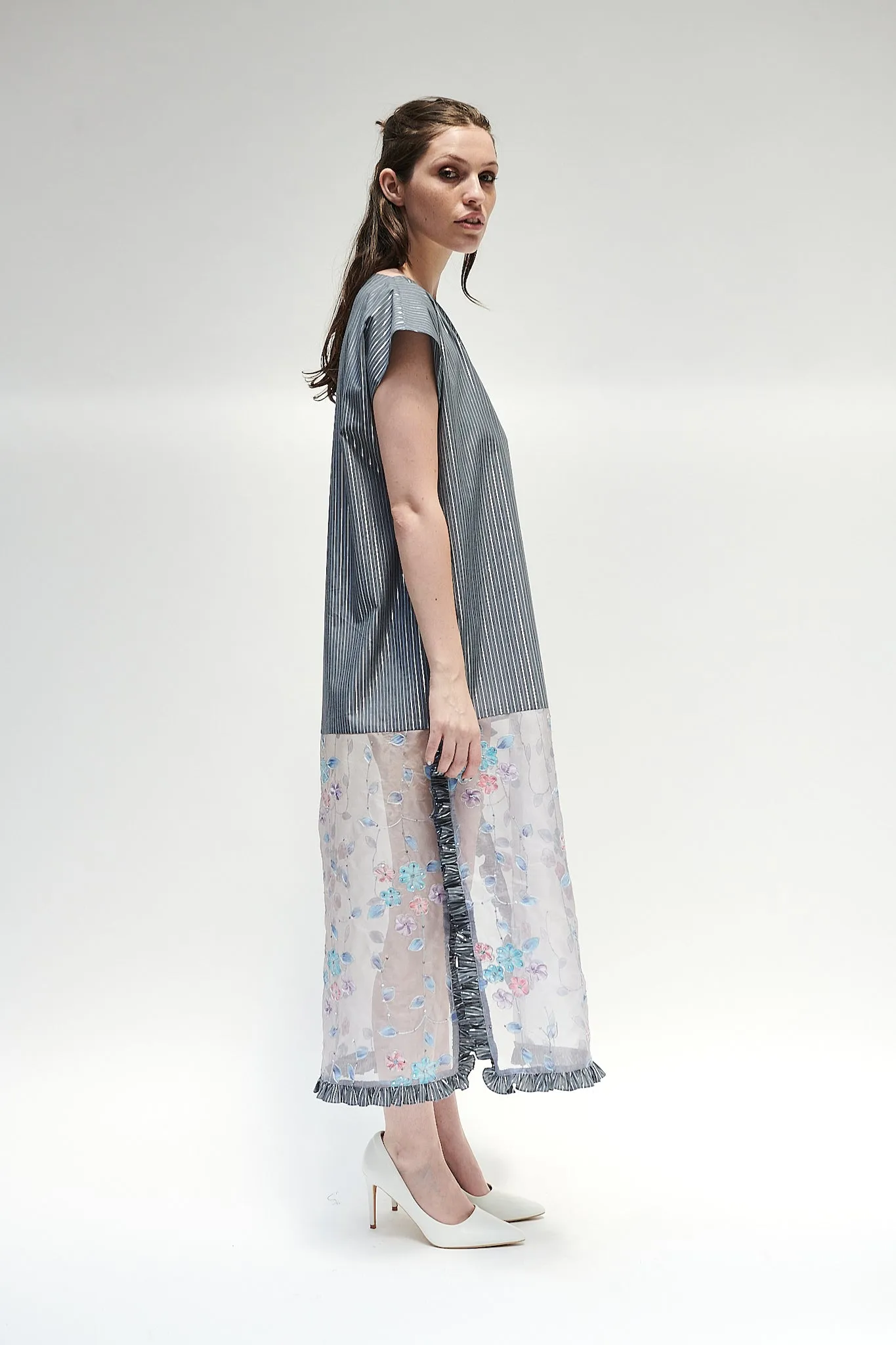 Caftan in Grey Silver Lurex Stripe Cotton and Floral Organza