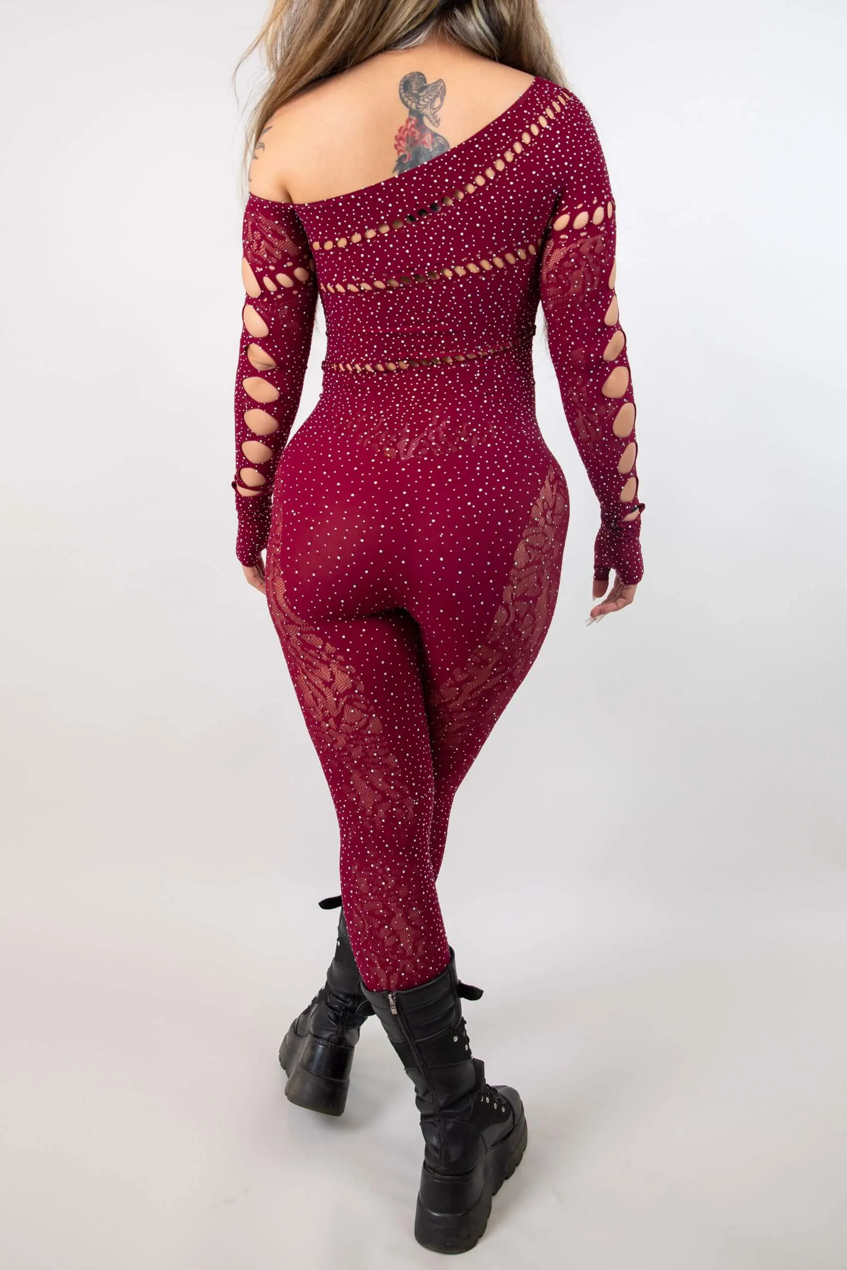 Camilla Rhinestone Off the Shoulder Jumpsuit - Burgandy