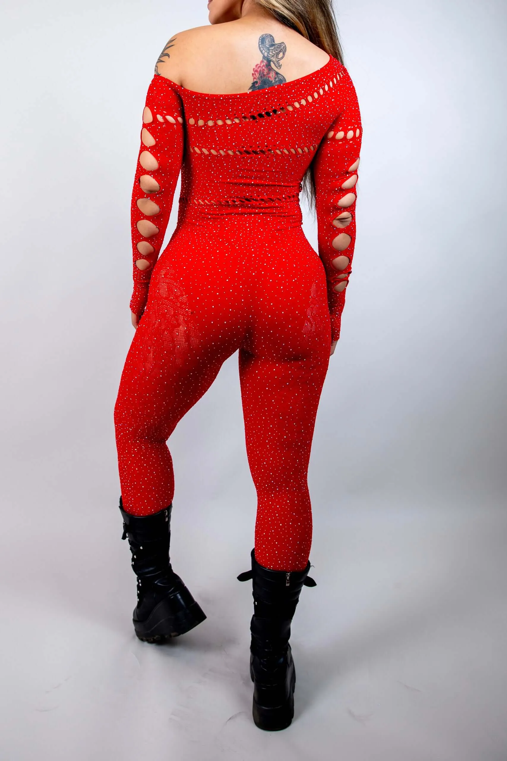 Camilla Rhinestone Off the Shoulder Jumpsuit - Red