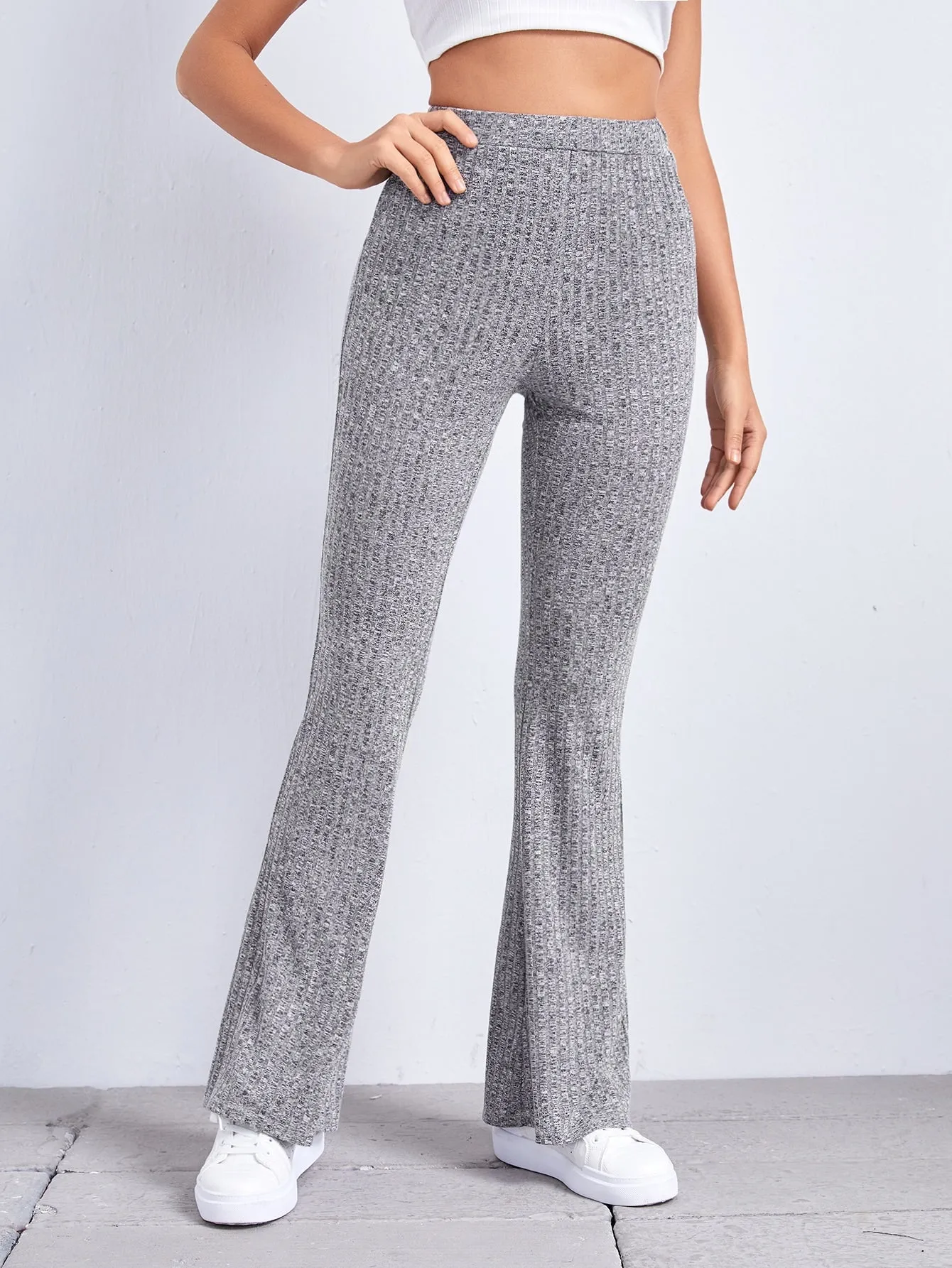 Casual Plain Rib-Knit High Waist Long Women Pants