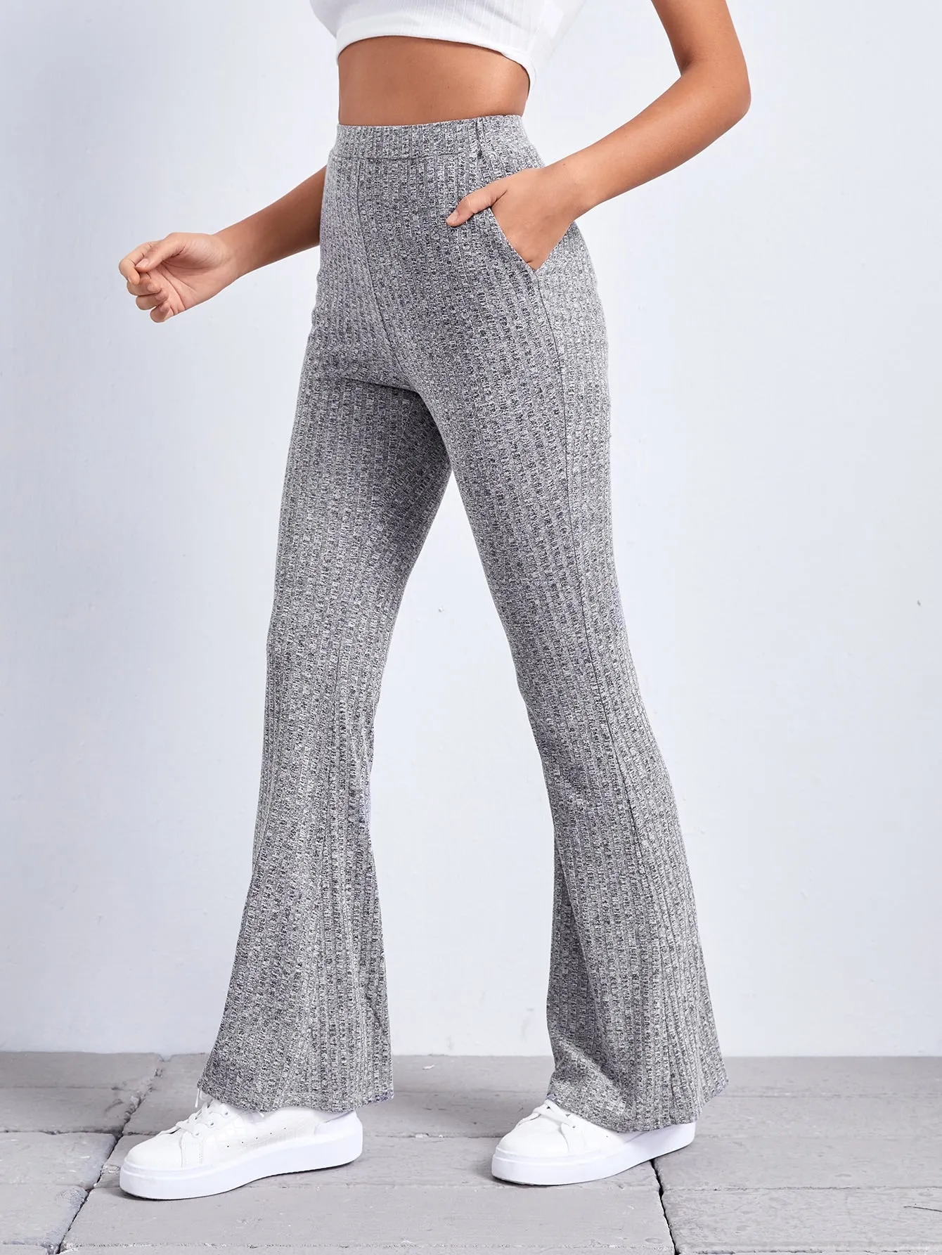 Casual Plain Rib-Knit High Waist Long Women Pants