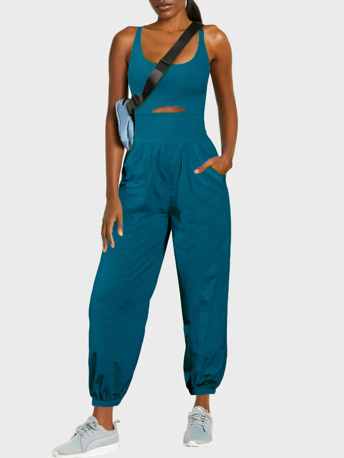 Casual Sleeveless Pants Romper Cutout Scoop Neck Wide Strap Jumpsuit