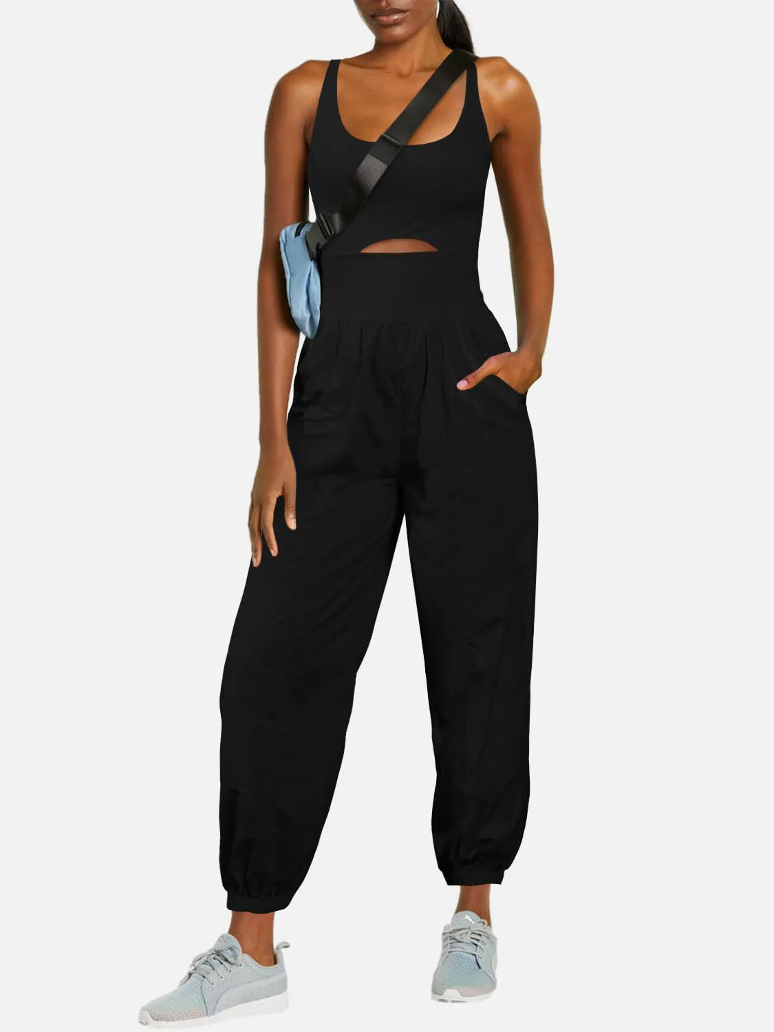 Casual Sleeveless Pants Romper Cutout Scoop Neck Wide Strap Jumpsuit