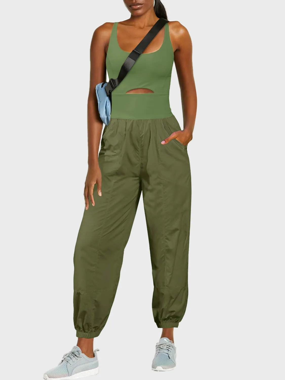 Casual Sleeveless Pants Romper Cutout Scoop Neck Wide Strap Jumpsuit