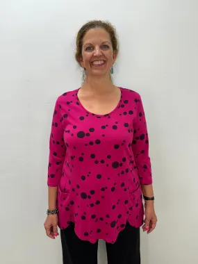 Cerise Pink Polka Dot 3/4 Sleeve Scallop Tunic