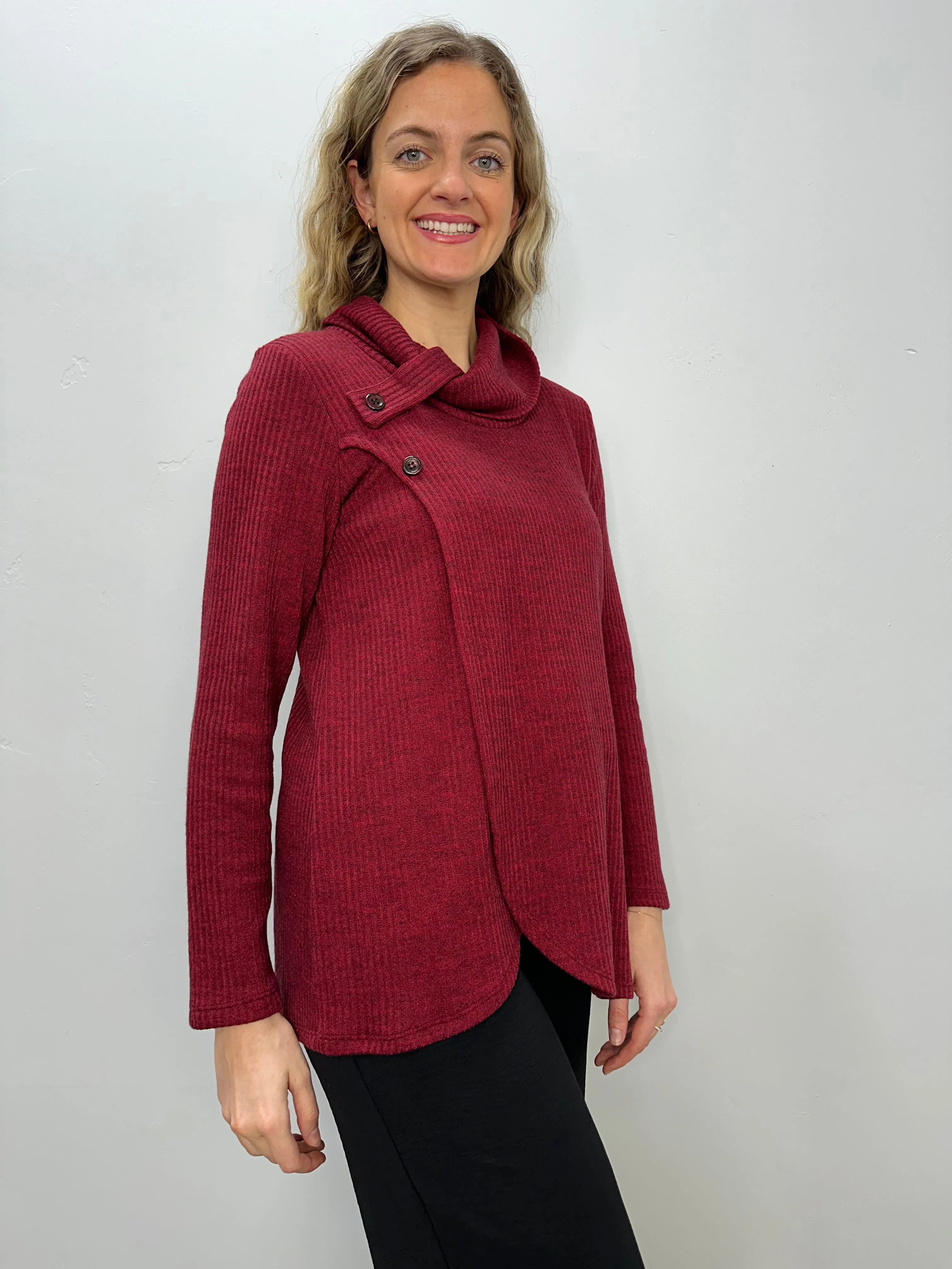 Cherry Red Knit Long Sleeve Cowl Neck Tunic