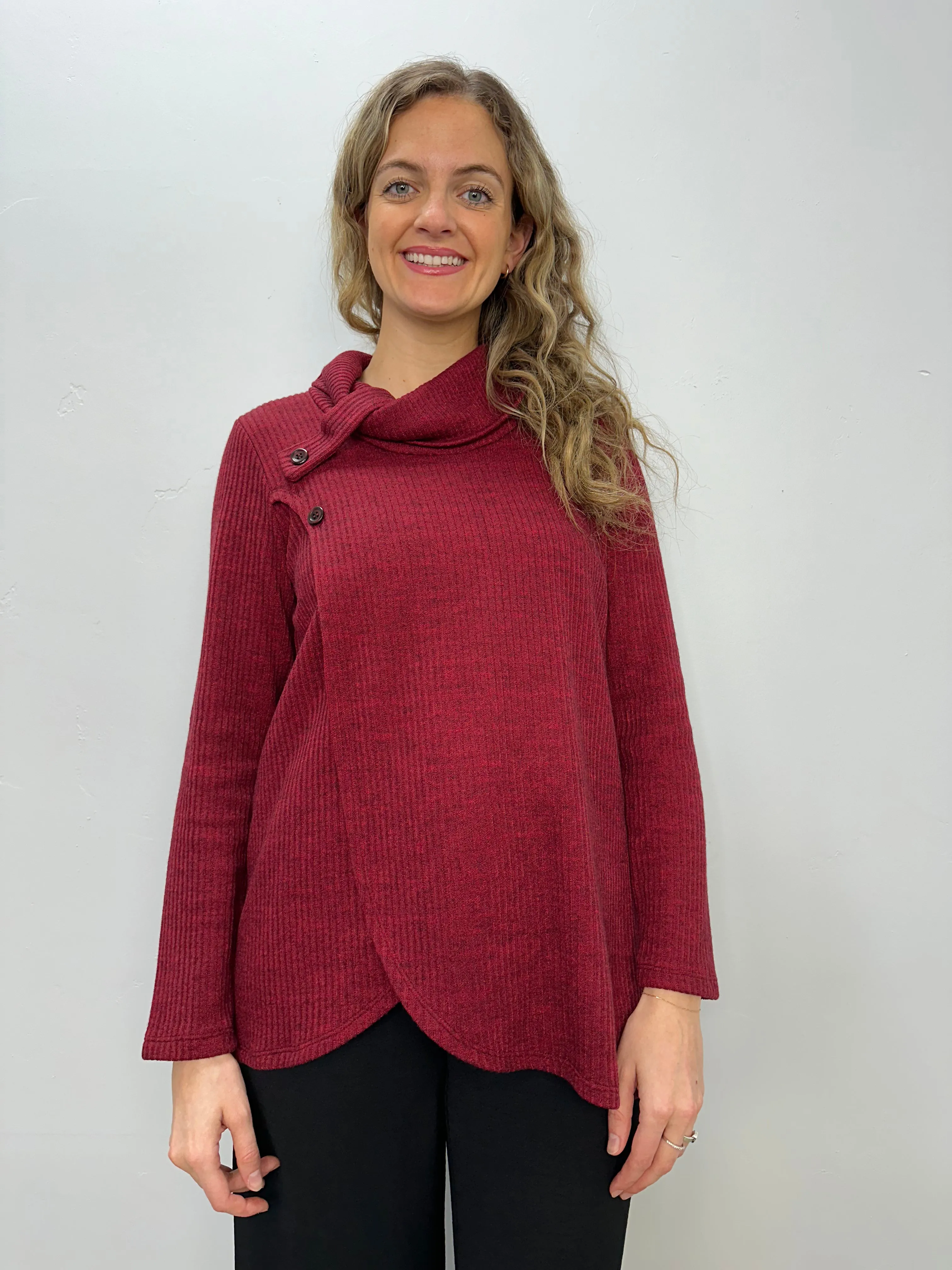 Cherry Red Knit Long Sleeve Cowl Neck Tunic