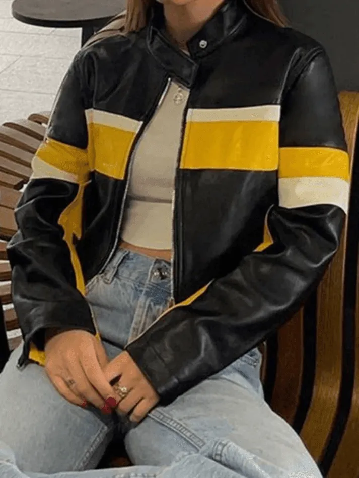 Color Block Cropped Pu Moto Jacket