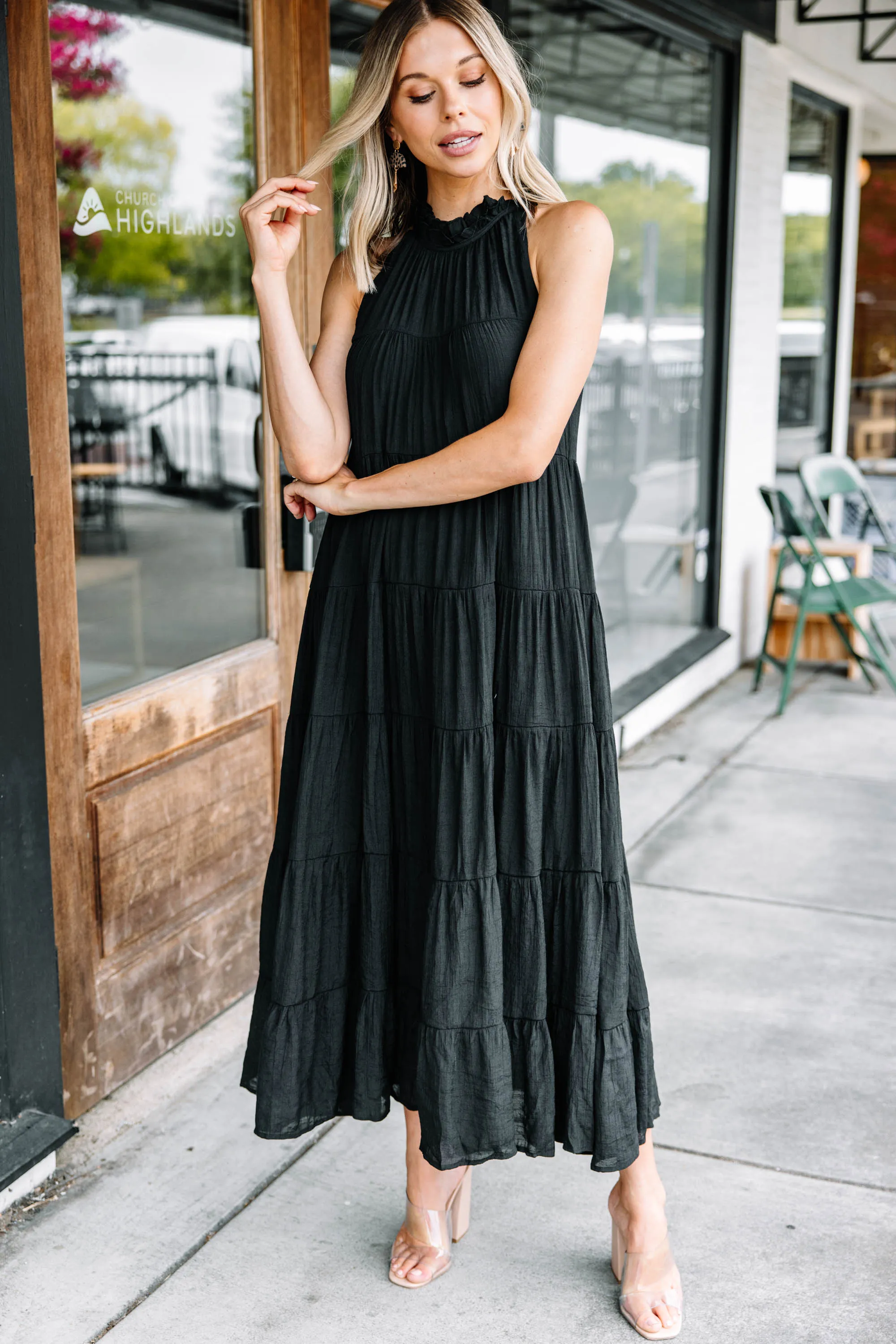 Come To Me Black Tiered Midi Dress