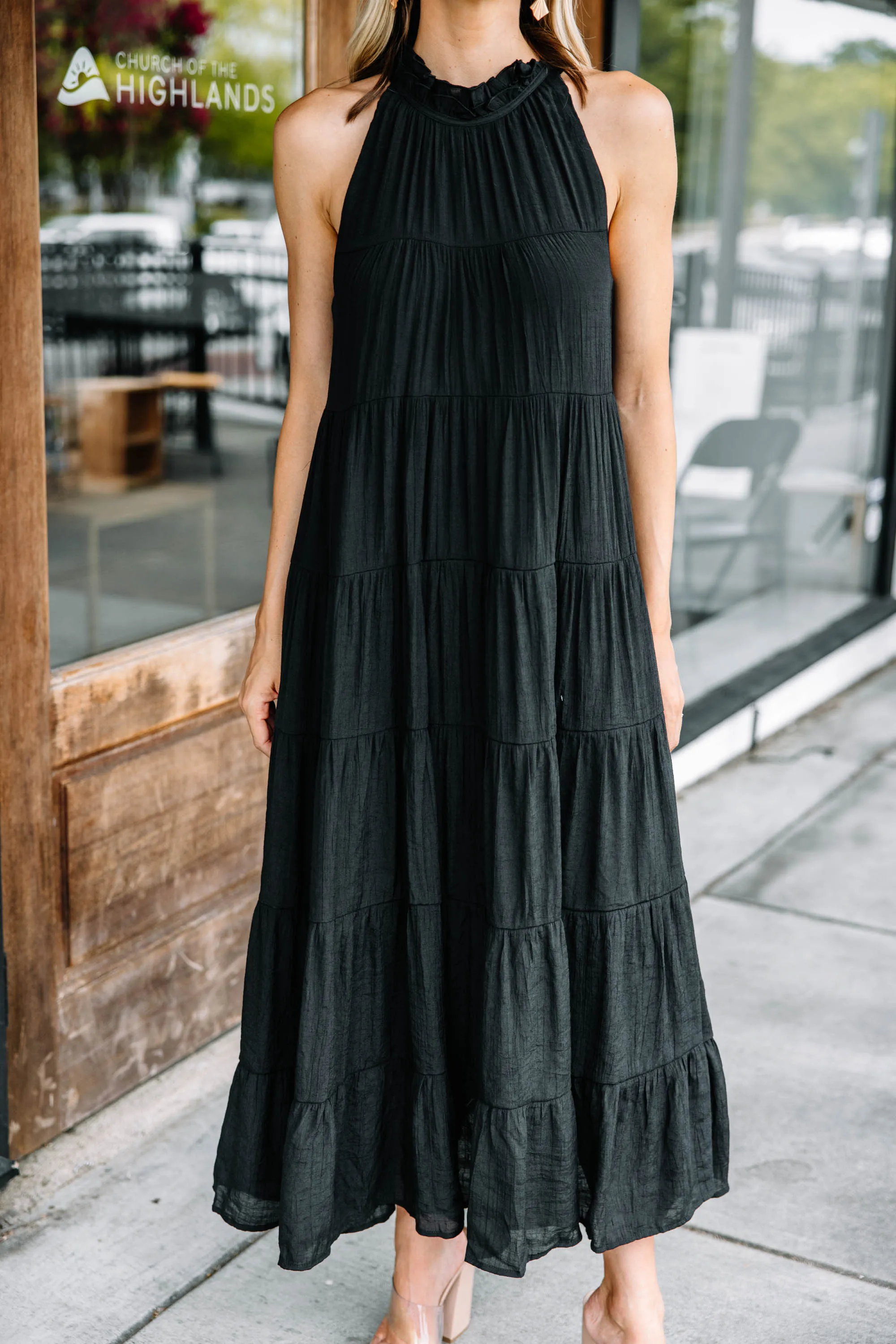 Come To Me Black Tiered Midi Dress