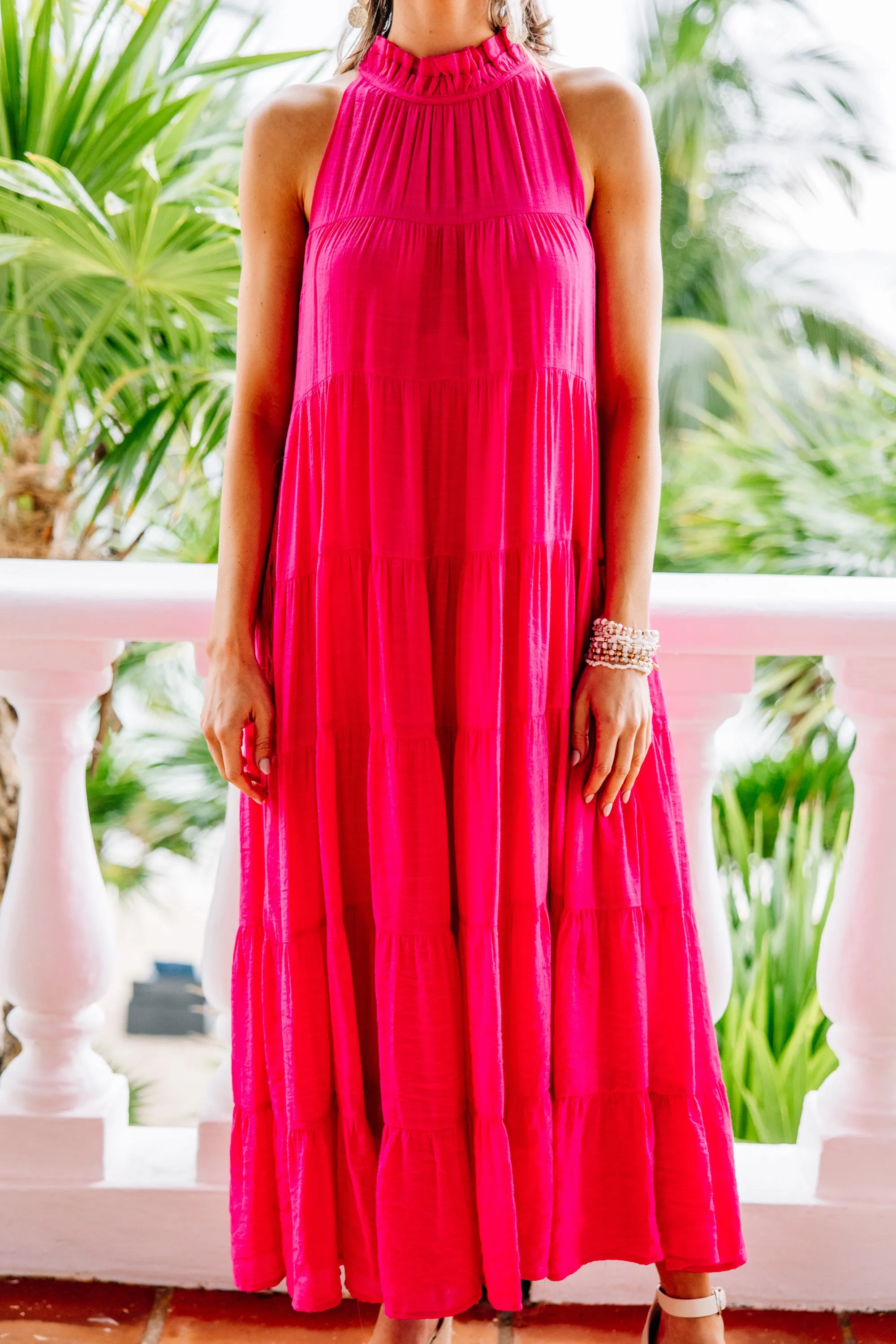 Come To Me Fuchsia Pink Tiered Midi Dress