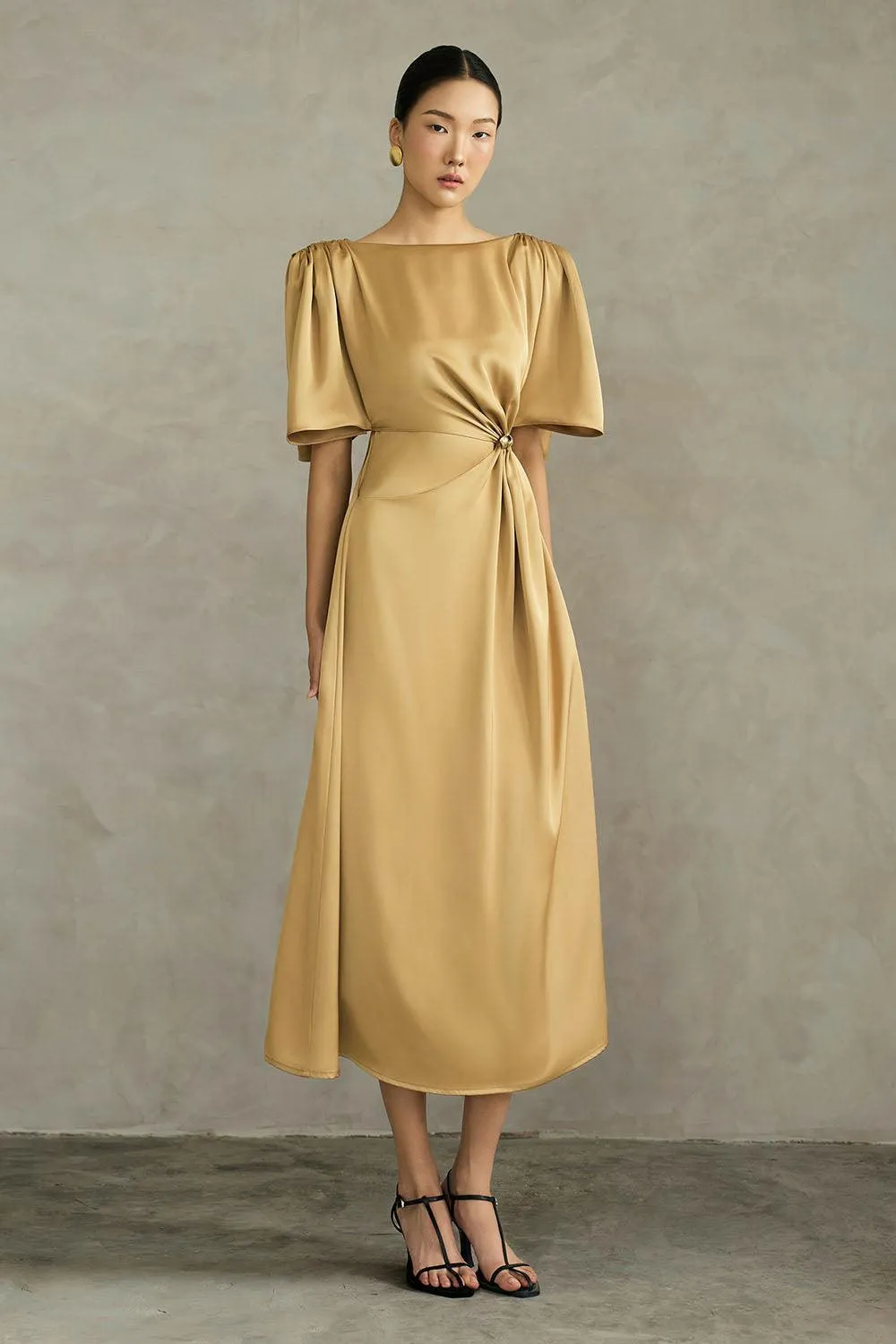 Coralie A-line Boat Neck Silk Midi Dress