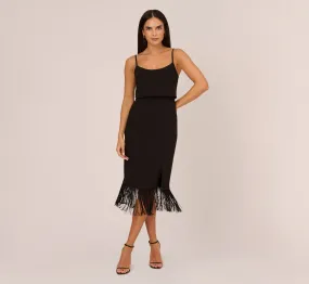 Crepe Popover Midi Dress With Fringe Trim In Black