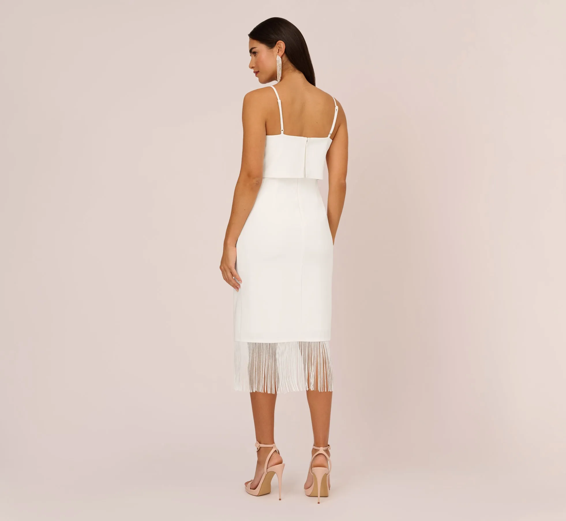 Crepe Popover Midi Dress With Fringe Trim In Ivory