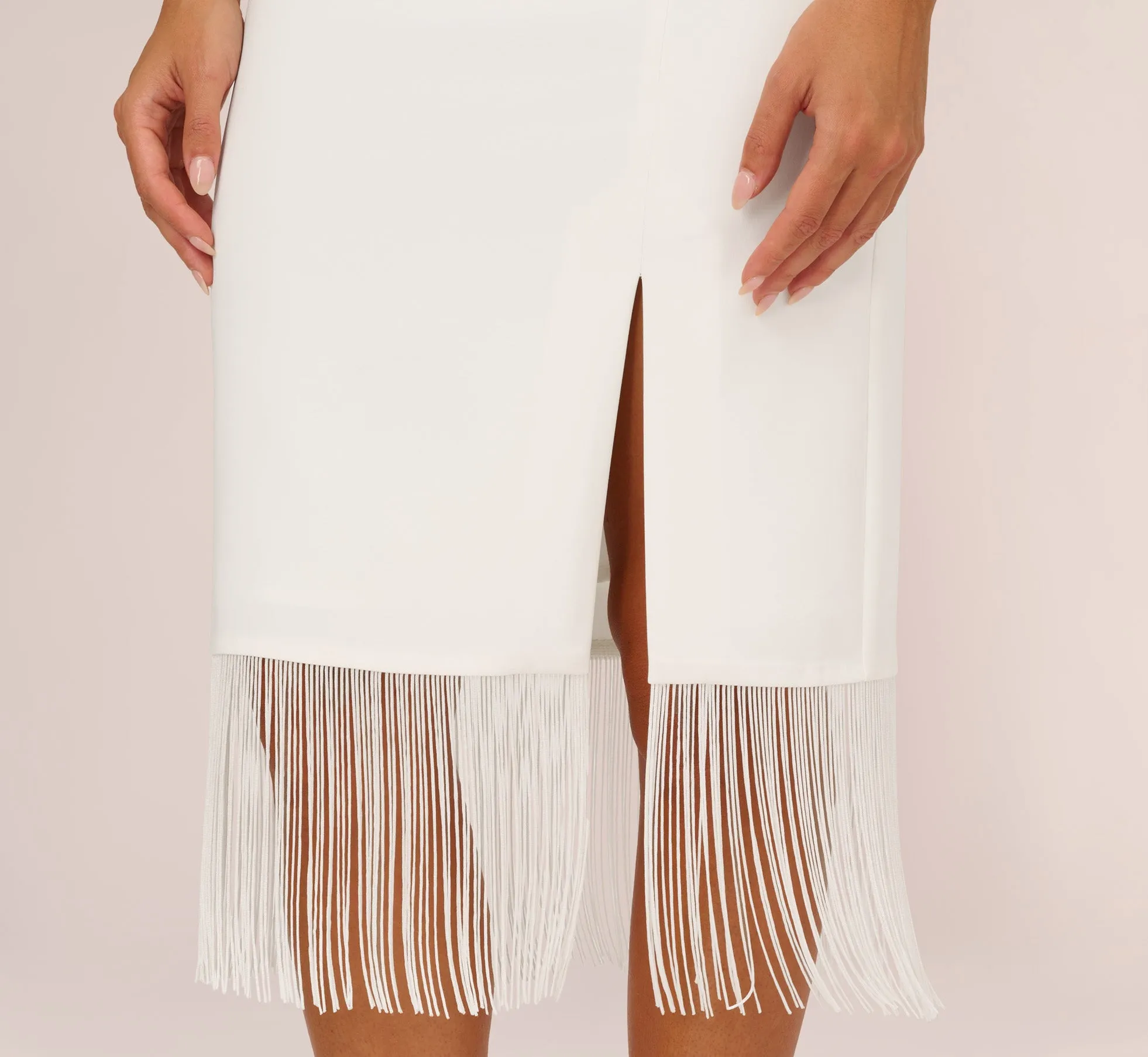 Crepe Popover Midi Dress With Fringe Trim In Ivory