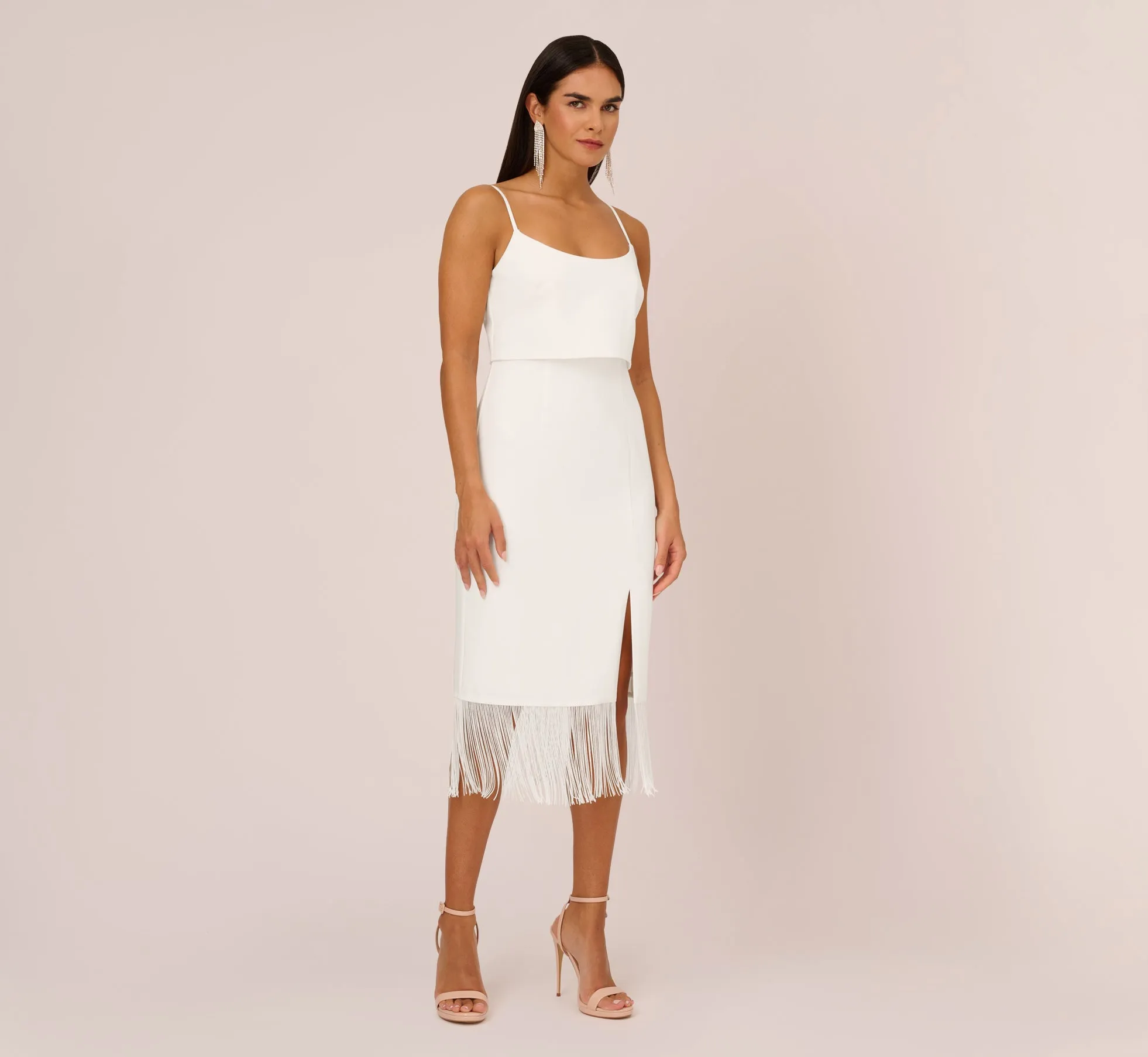 Crepe Popover Midi Dress With Fringe Trim In Ivory