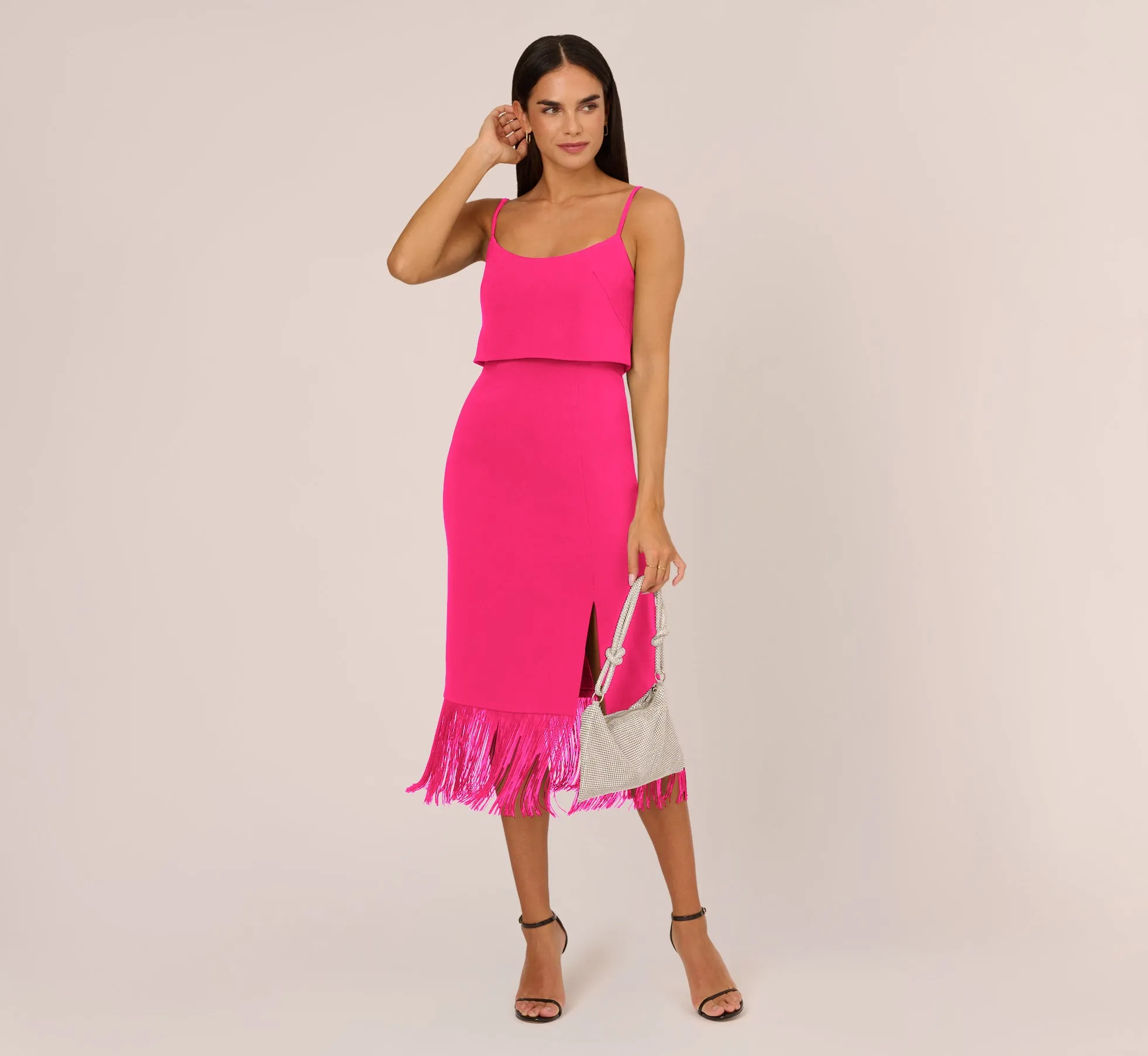 Crepe Popover Midi Dress With Fringe Trim In Lipstick