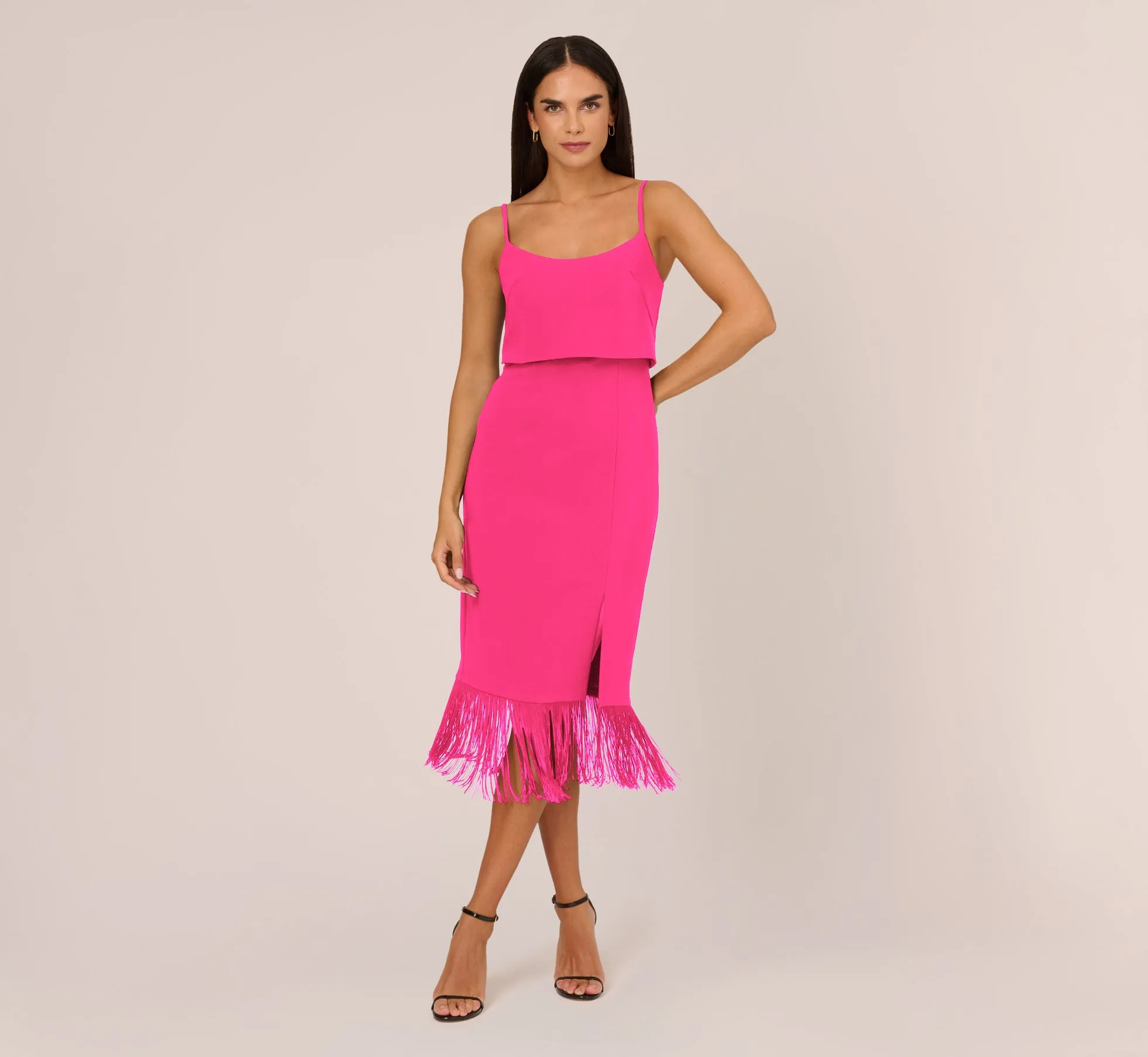 Crepe Popover Midi Dress With Fringe Trim In Lipstick