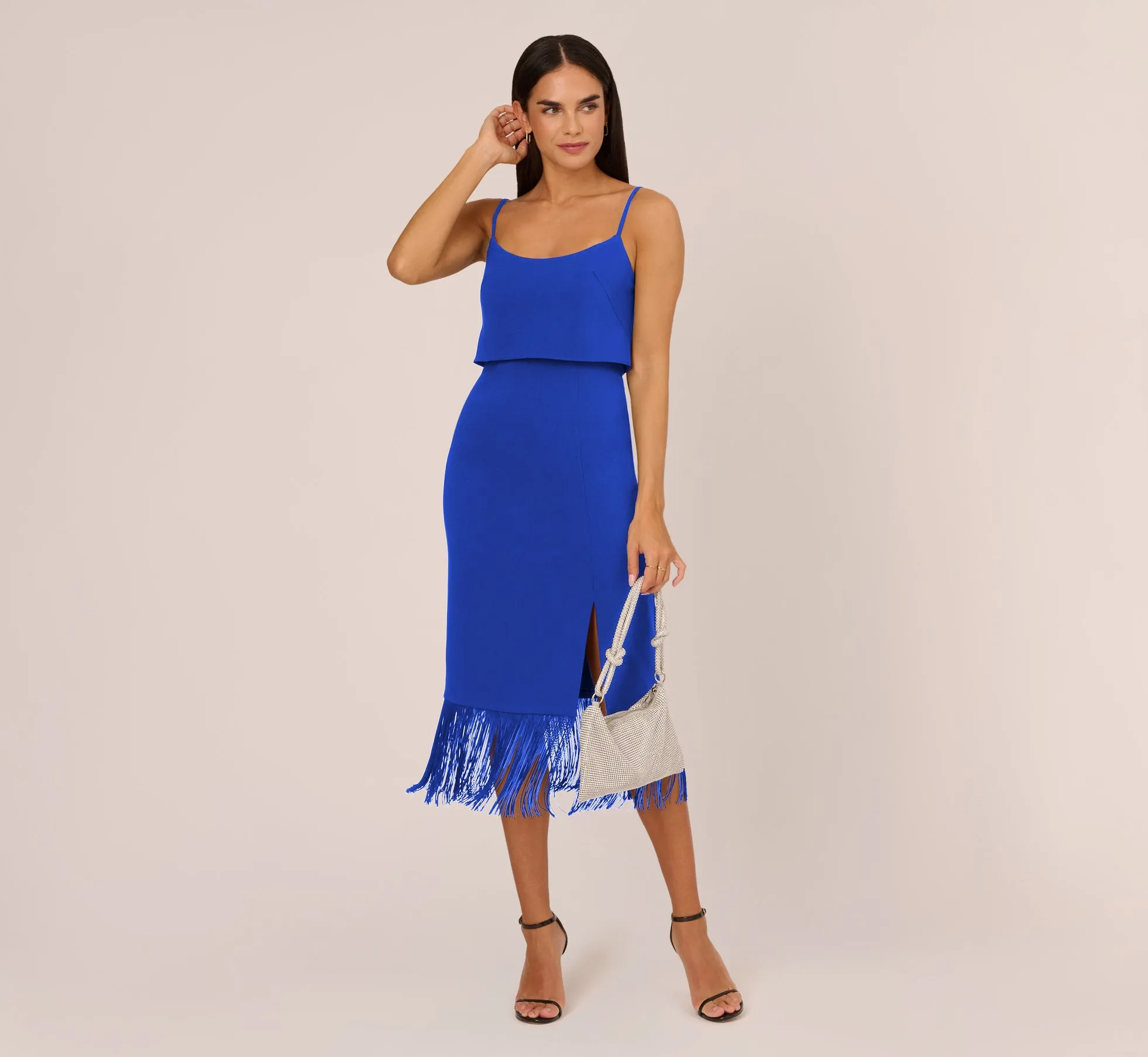 Crepe Popover Midi Dress With Fringe Trim In Royal Sapphire