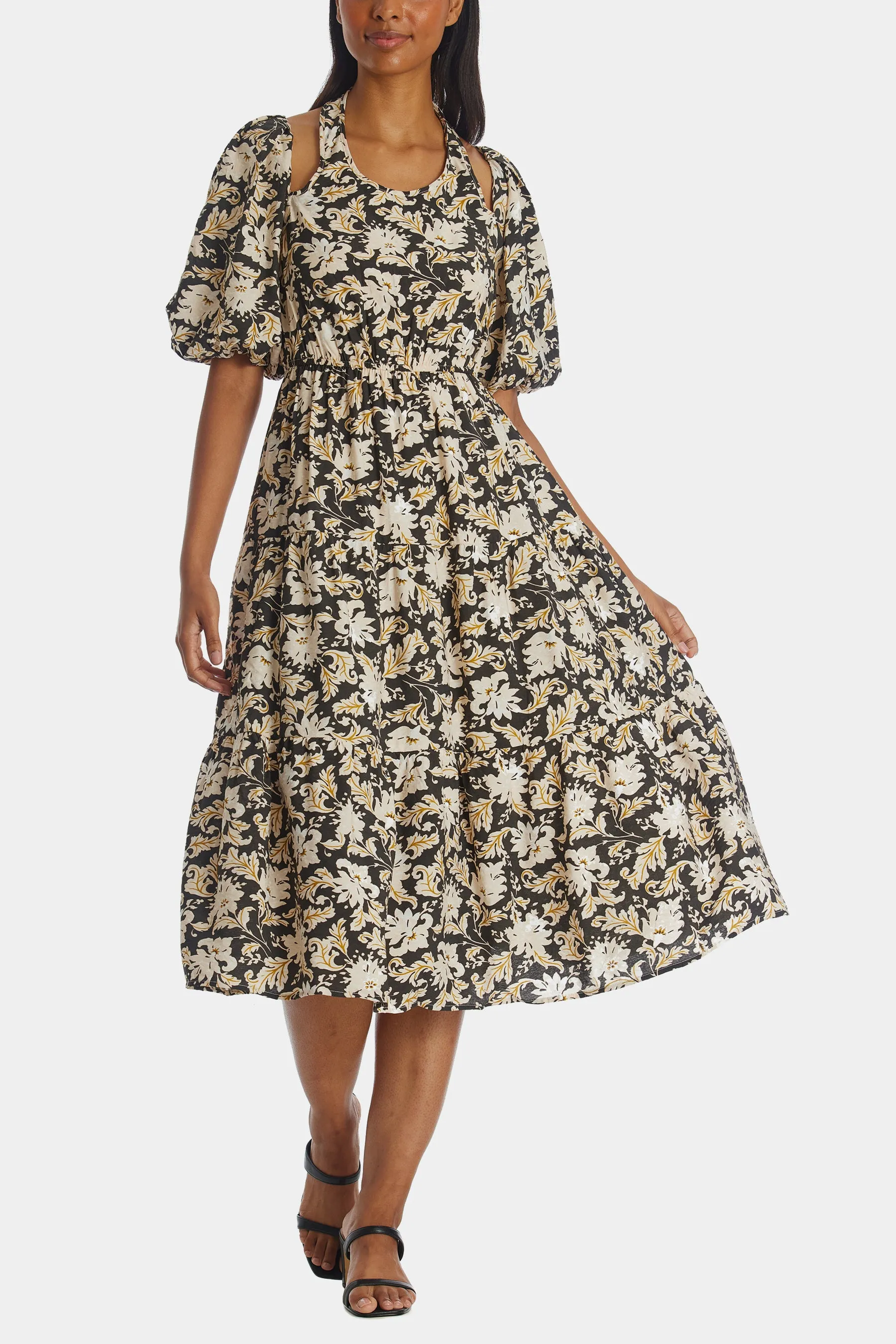 Cut Out Halter Floral Print Midi Dress