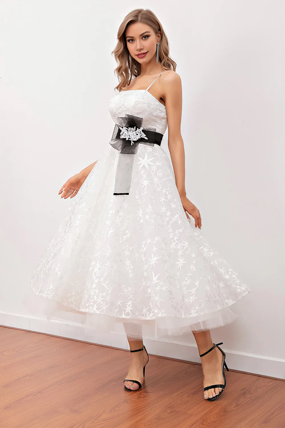 Cute A-Line White Lace Tulle Tea-length Dress Midi Prom Dress Wedding Dress