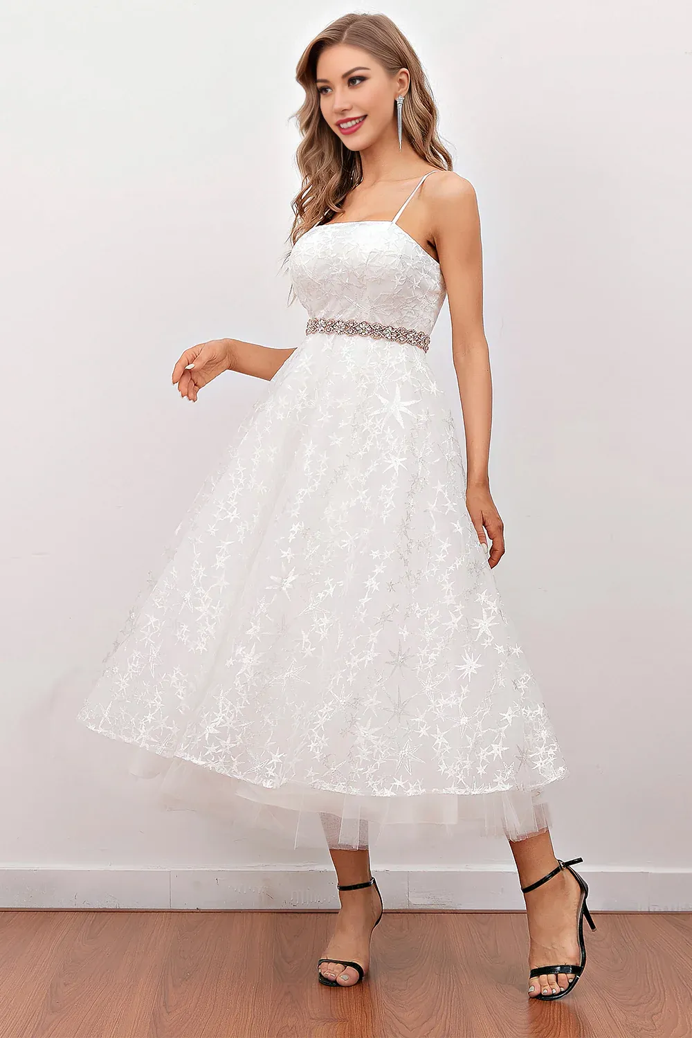 Cute A-Line White Lace Tulle Tea-length Dress Midi Prom Dress Wedding Dress