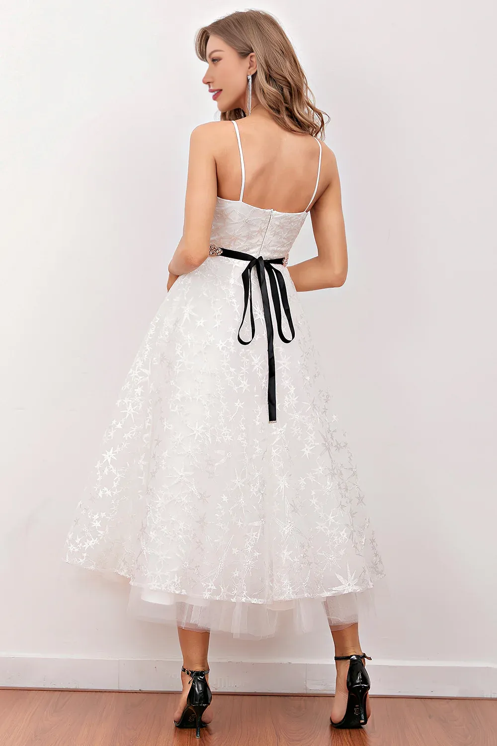 Cute A-Line White Lace Tulle Tea-length Dress Midi Prom Dress Wedding Dress