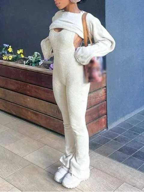 Cute & Cozy Ivory Catsuit and Shrug Set