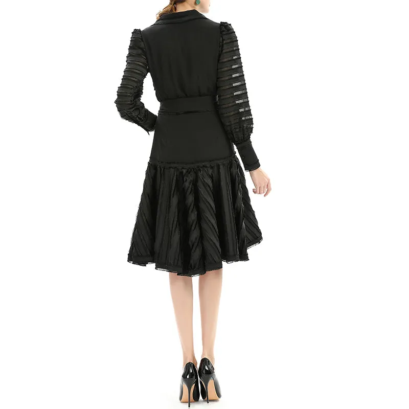 D033 Women solid shirt collar long sleeves stripes detailing flared midi dress