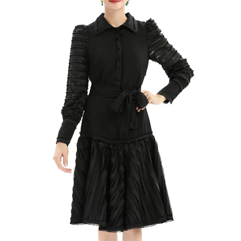 D033 Women solid shirt collar long sleeves stripes detailing flared midi dress