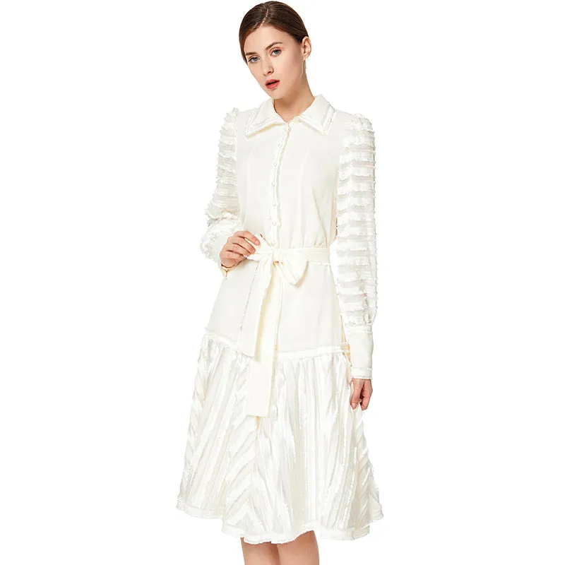 D033 Women solid shirt collar long sleeves stripes detailing flared midi dress