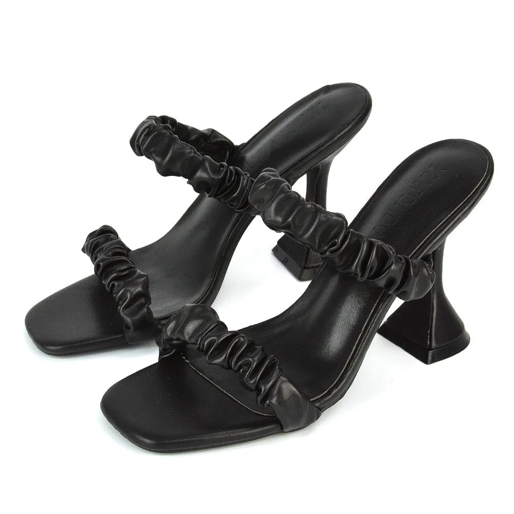 DAPHNE RUCHED DOUBLE STRAP SQUARE TOE SLIP ON SCULPTURED HIGH HEEL SANDALS IN BLACK