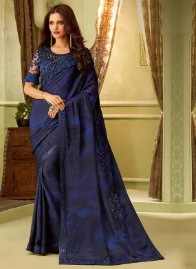 Dark Blue  Overall Designer Minimalist Embroidered Saree