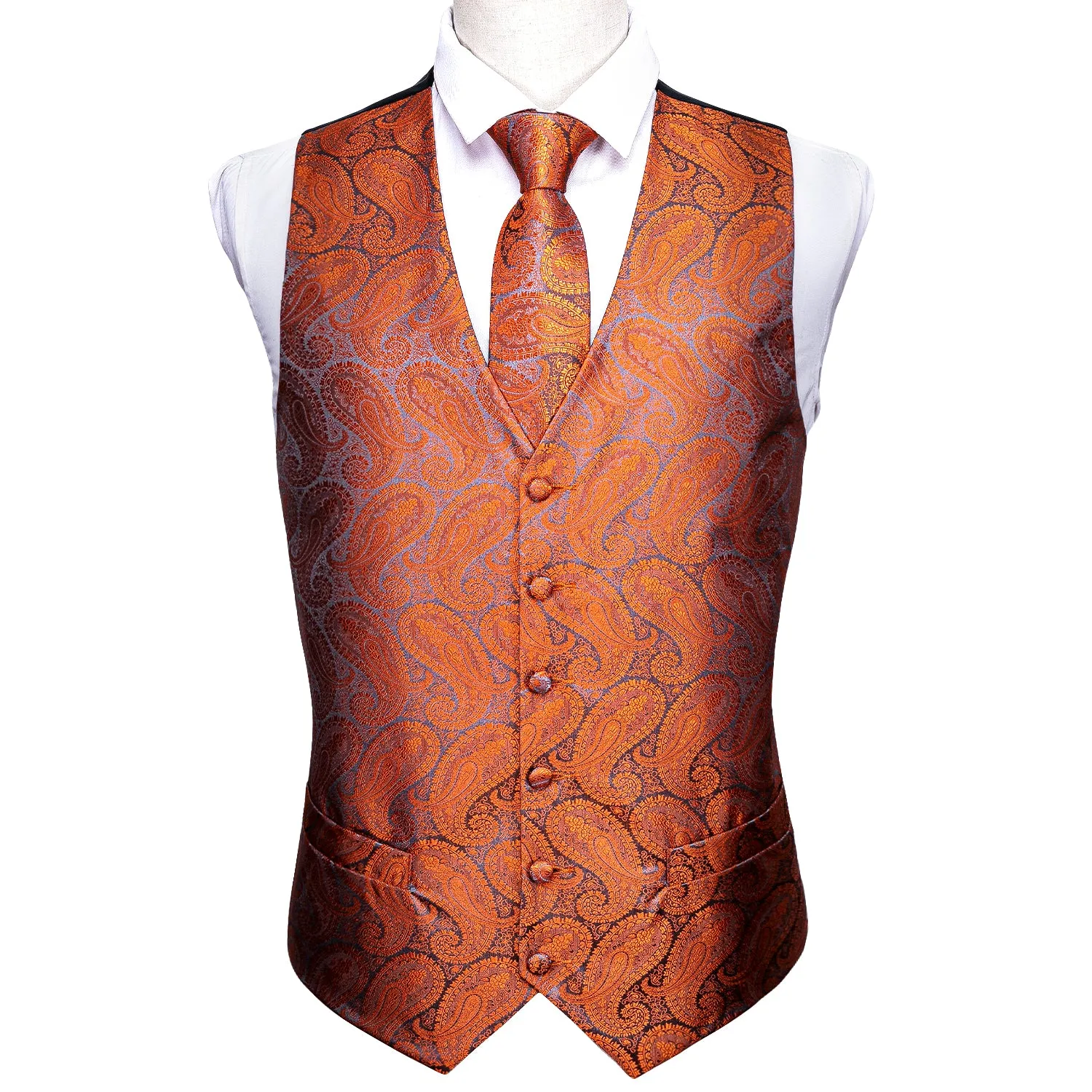 Deep Orange Paisley Silk Men's Vest Tie Hanky Cufflinks Set Waistcoat Suit Set