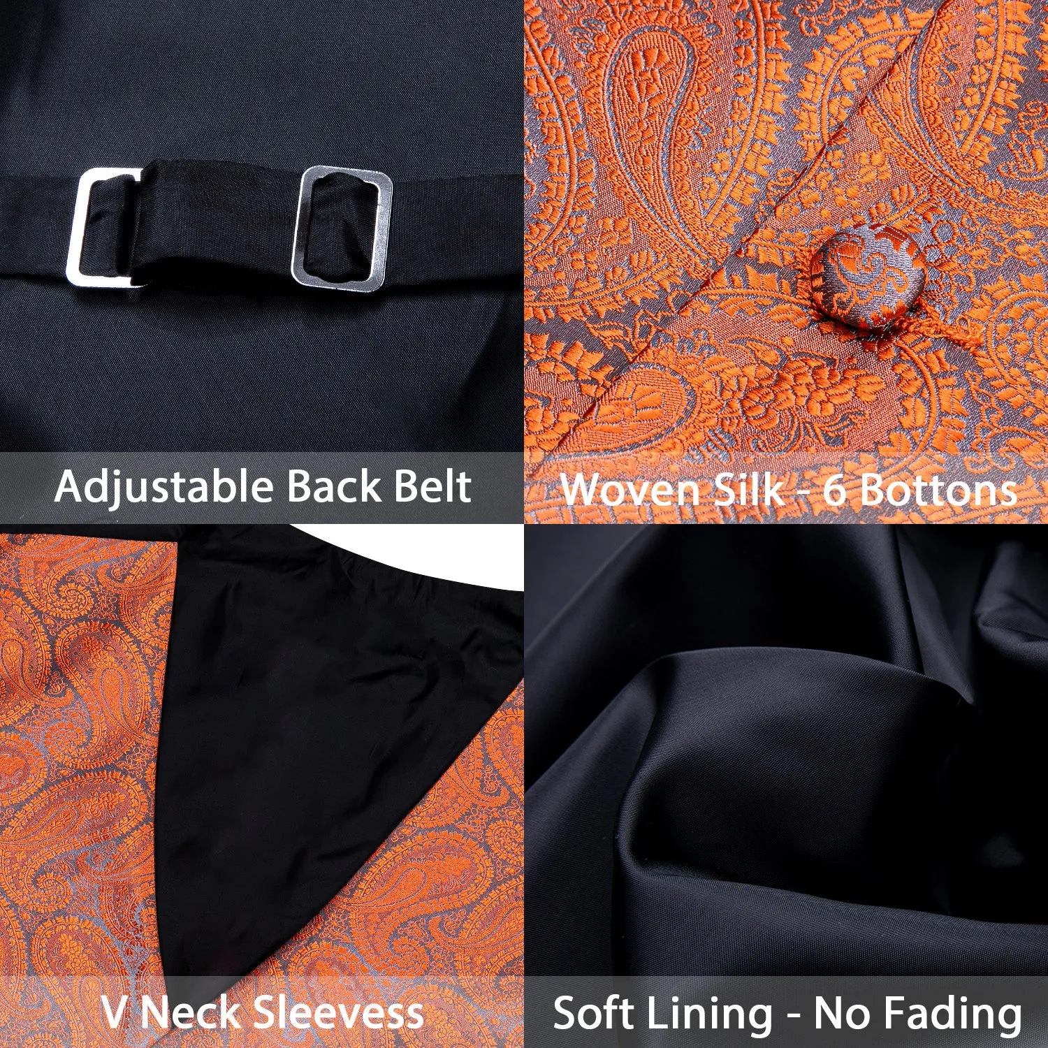 Deep Orange Paisley Silk Men's Vest Tie Hanky Cufflinks Set Waistcoat Suit Set