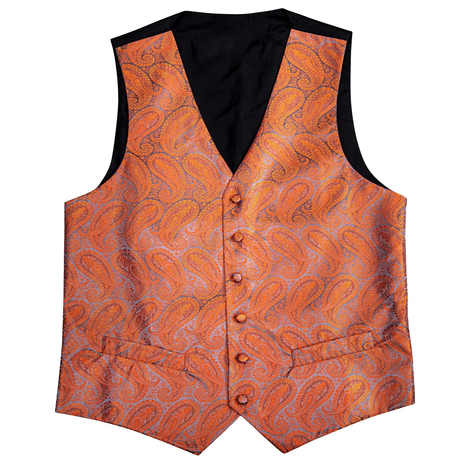 Deep Orange Paisley Silk Men's Vest Tie Hanky Cufflinks Set Waistcoat Suit Set